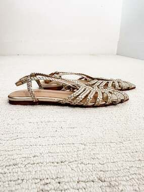 BODEN Braided Strap Square Toe Sz 10.5 Gold Sandals Flat Resort Vacation Cruise